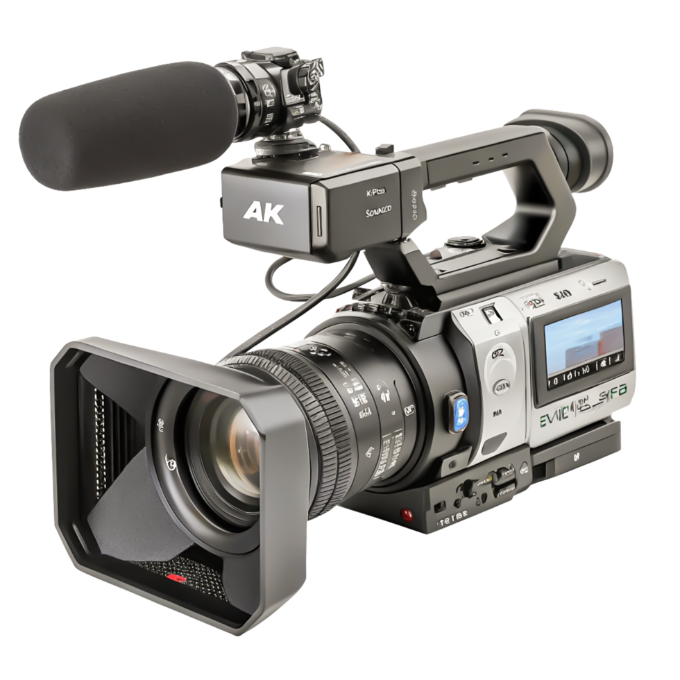 Professional Broadcast Camcorder with Zoom Lens and Microphone - 4K Production Equipment png