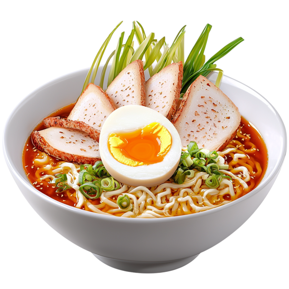 Authentic Japanese ramen bowl garnished perfectly sliced eggs crispy seaweed pieces floating in savory broth. png