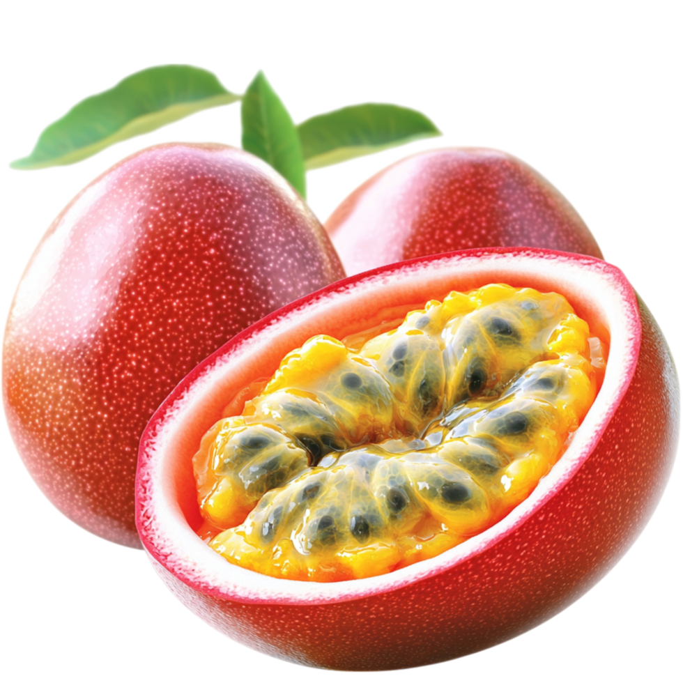 Ripe passion fruits radiant bright orange skin enclosing juicy seedy pulp, bursting exotic sweetness tropical tang. png