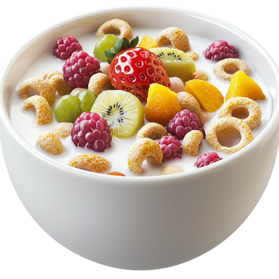 Delicious fruit cereal elegantly floating in fresh creamy milk a fragrant mint leaf garnish on top. png