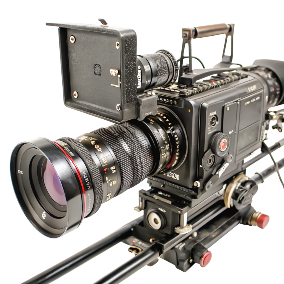 Professional Red Digital Cinema Camera with Large Lens on Studio Rig png