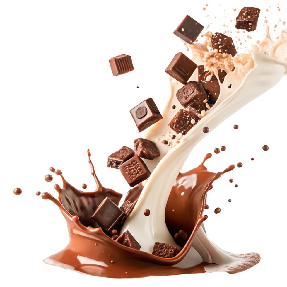 Delicious Chocolate Milk Splash with Falling Chocolate Pieces Creamy Drink png