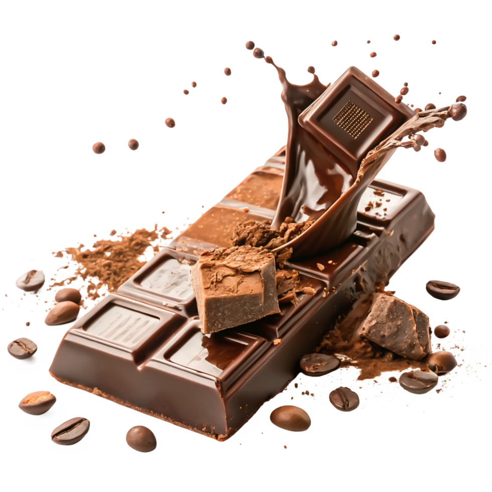 Delicious Melted Chocolate Bar with Coffee Beans and Cocoa Powder png