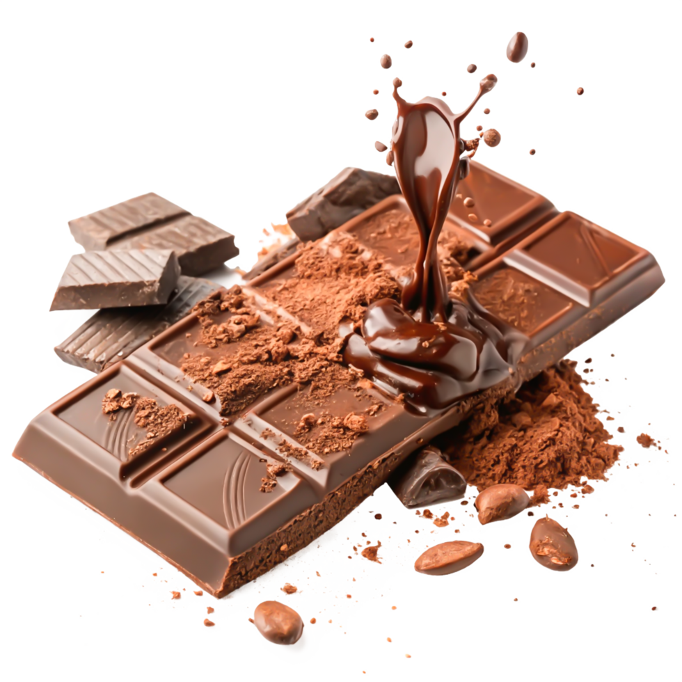 Delicious Melted Dark Chocolate Bar with Cocoa Powder and Beans png