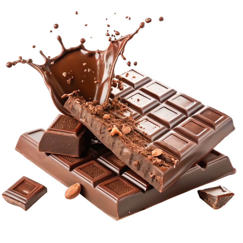 Delicious Melted Dark Chocolate Bar with Nuts and Splash png