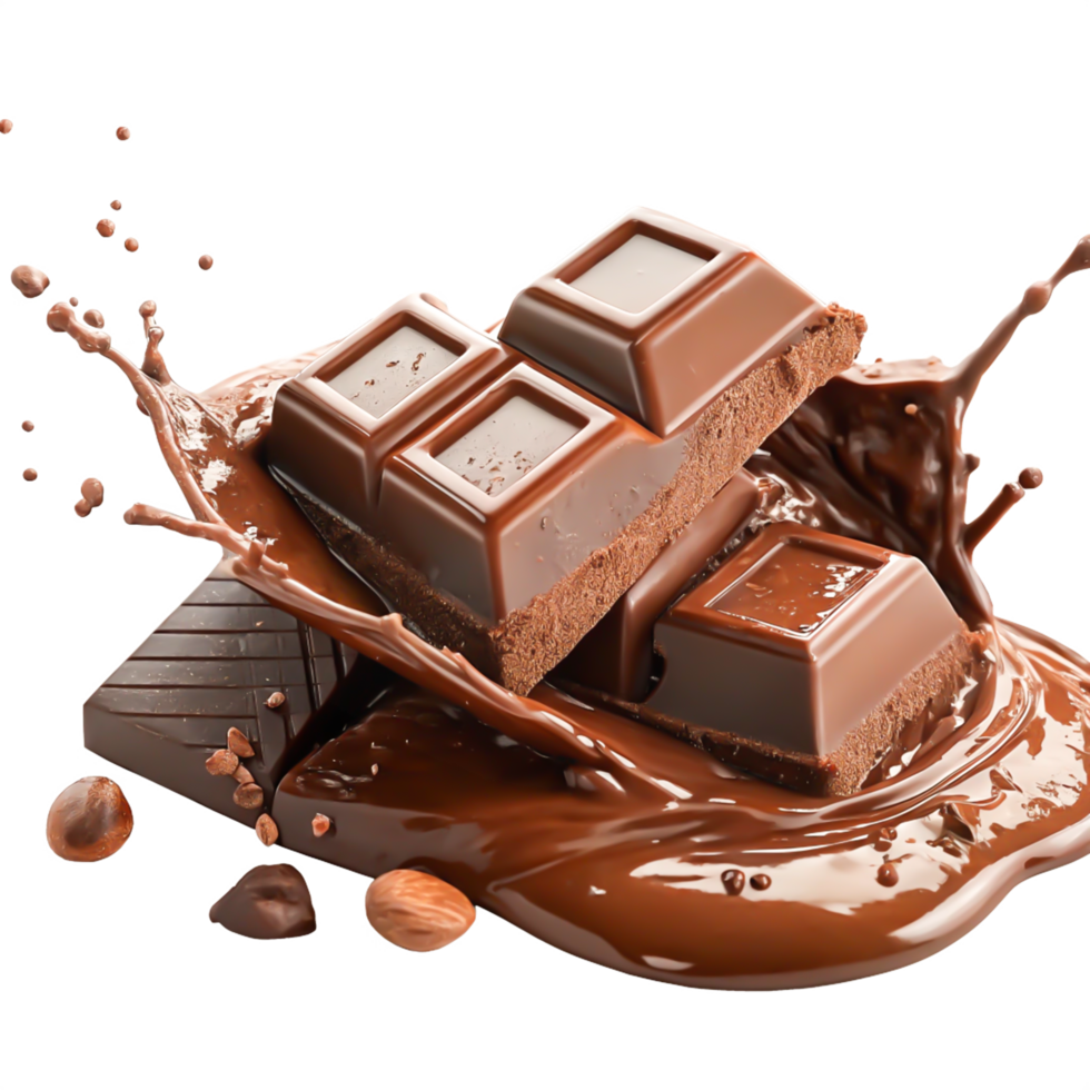 Delicious Milk Chocolate Bar Pieces Splashing in Melted Chocolate with Nuts png