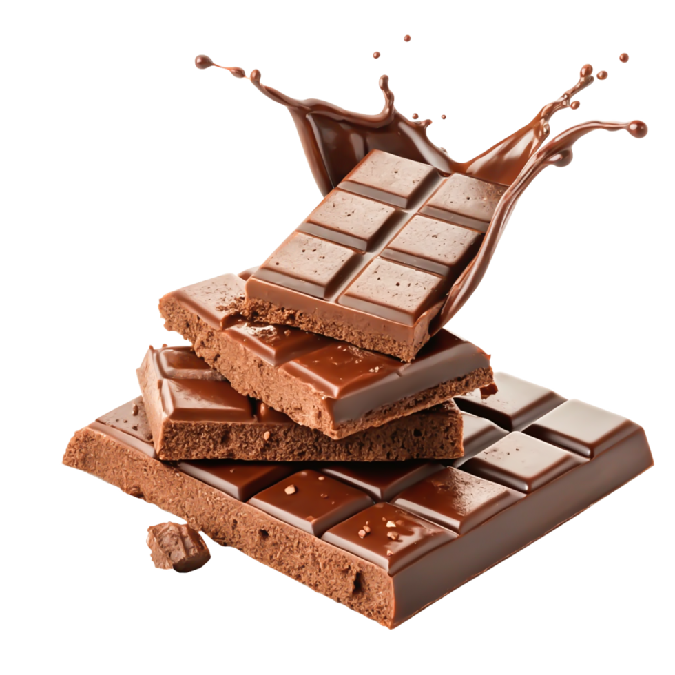 Delicious Milk Chocolate Bar Pieces with Melted Chocolate Splash png