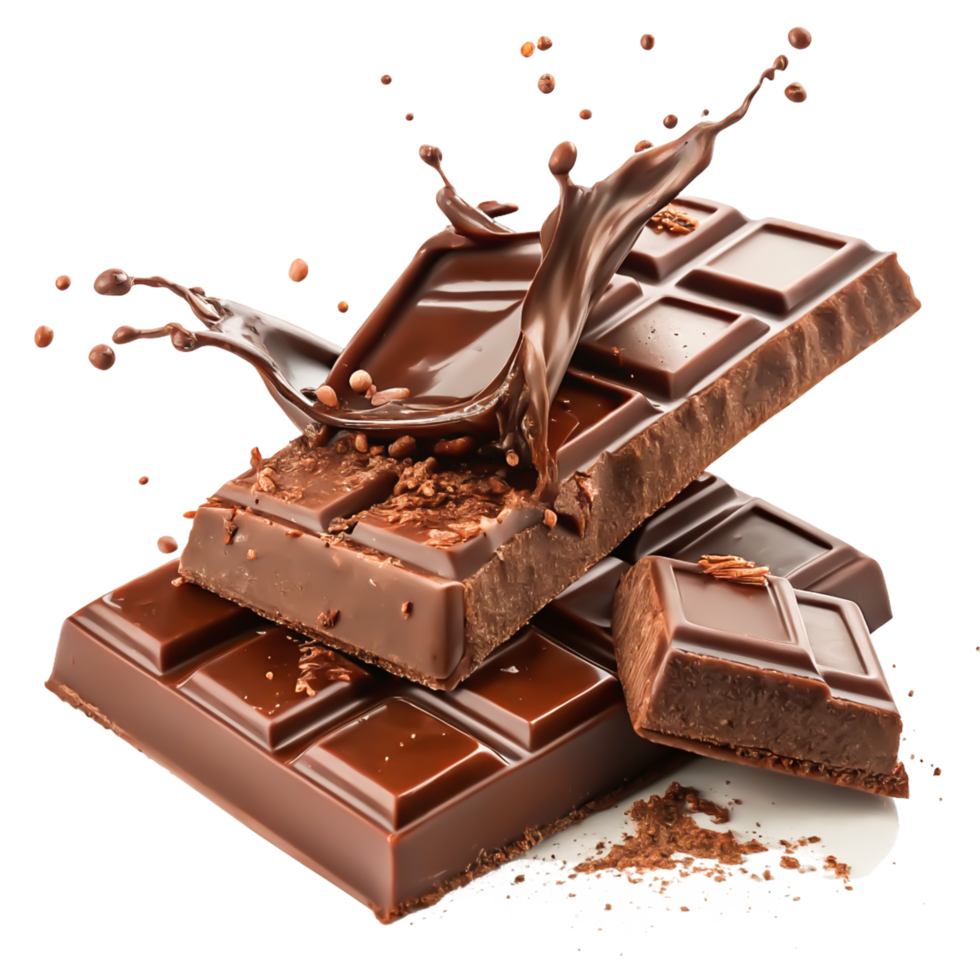 Delicious Melted Milk Chocolate Bar with Splash, Cocoa Powder Isolated png