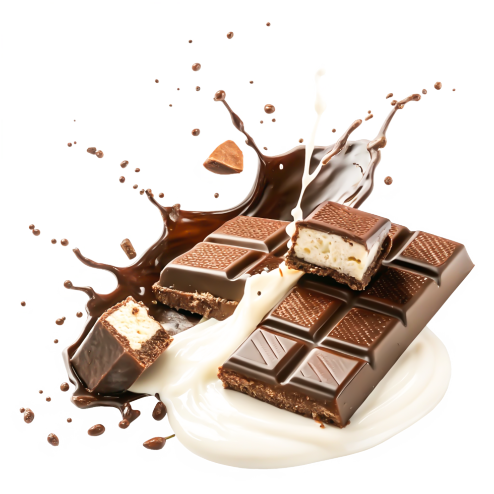 Delicious Milk Chocolate Bar with Creamy Filling Splashing in Milk and Chocolate png