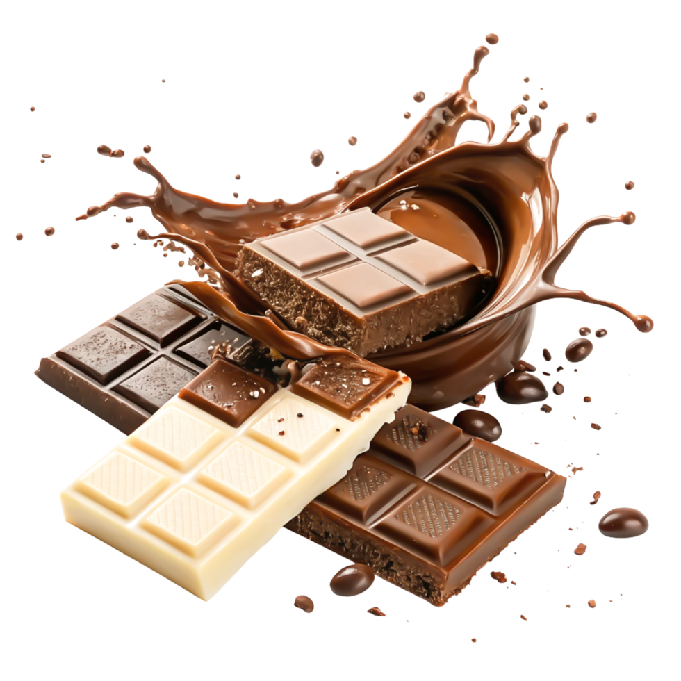 Delicious Milk, Dark White Chocolate Bars Splashing in Melted Chocolate png
