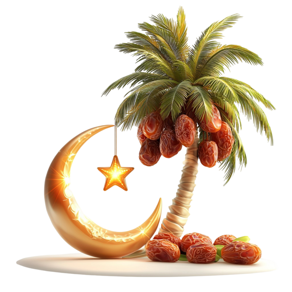 Palm tree hanging dates golden crescent moon shining png