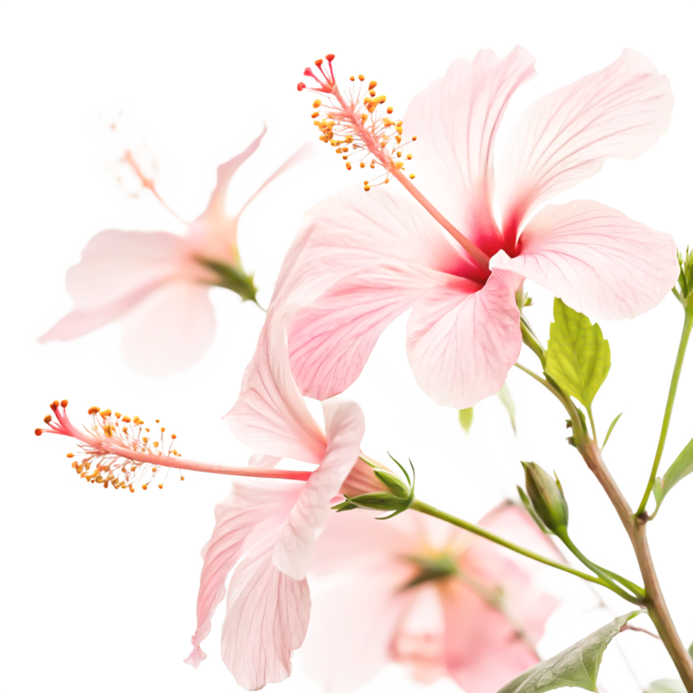 Delicate Pink Hibiscus Flowers on Branch, Close-up Botanical Photography png