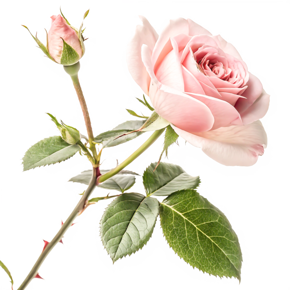 Elegant Pink Rose Blossom with Buds and Leaves Isolated on White Background png