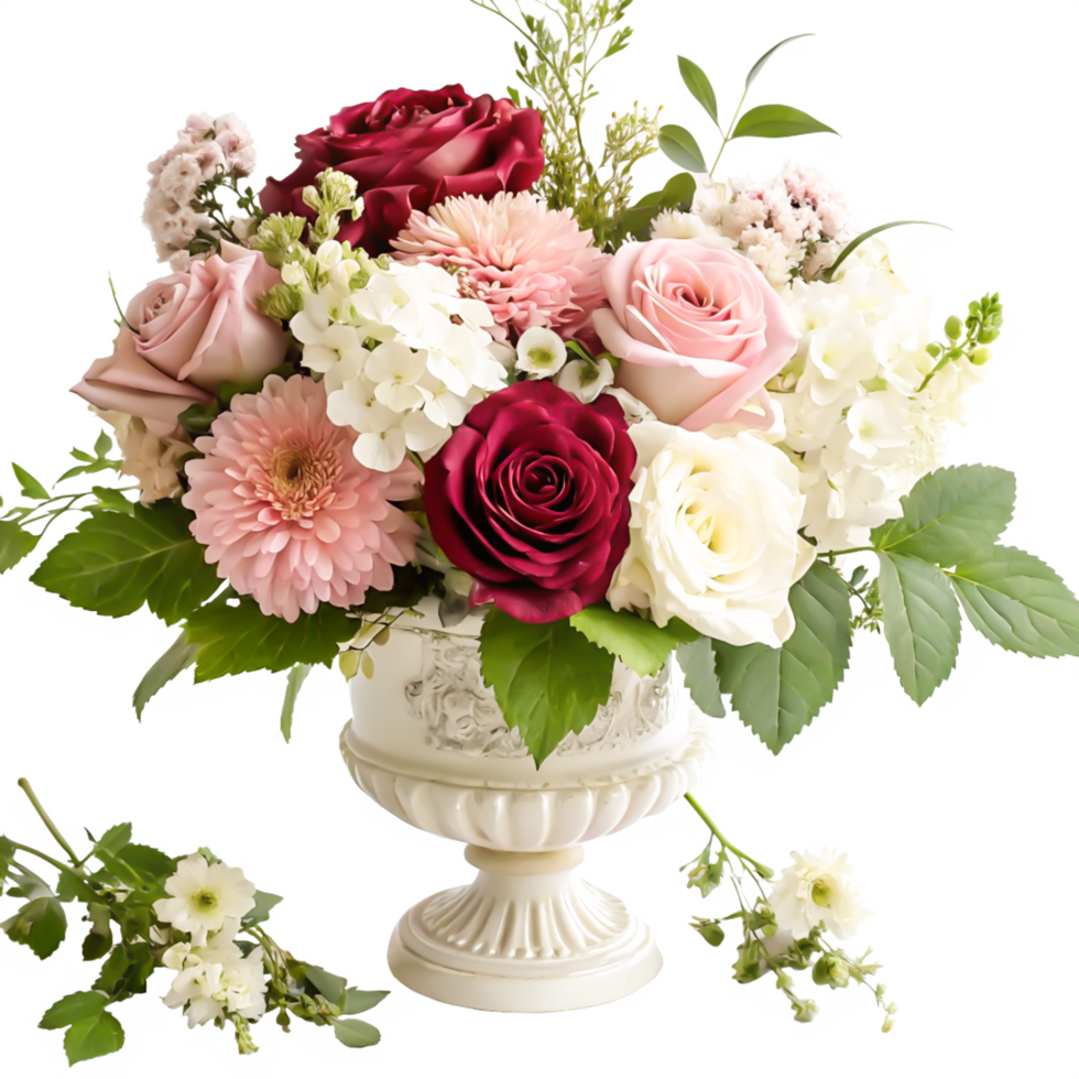 Elegant Pink and Burgundy Rose Bouquet in Vintage Urn, Wedding Flower Arrangement png