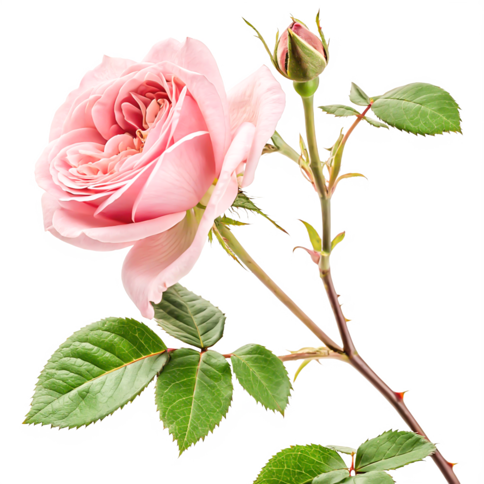 Elegant Pink Rose with Bud and Green Leaves Isolated on White Background png