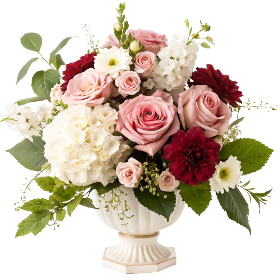 Elegant Pink and Burgundy Rose Flower Arrangement in Urn Vase png