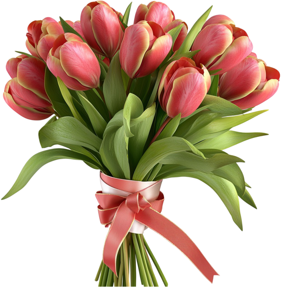 Stunning bouquet of pink tulips fresh green stems leaves png