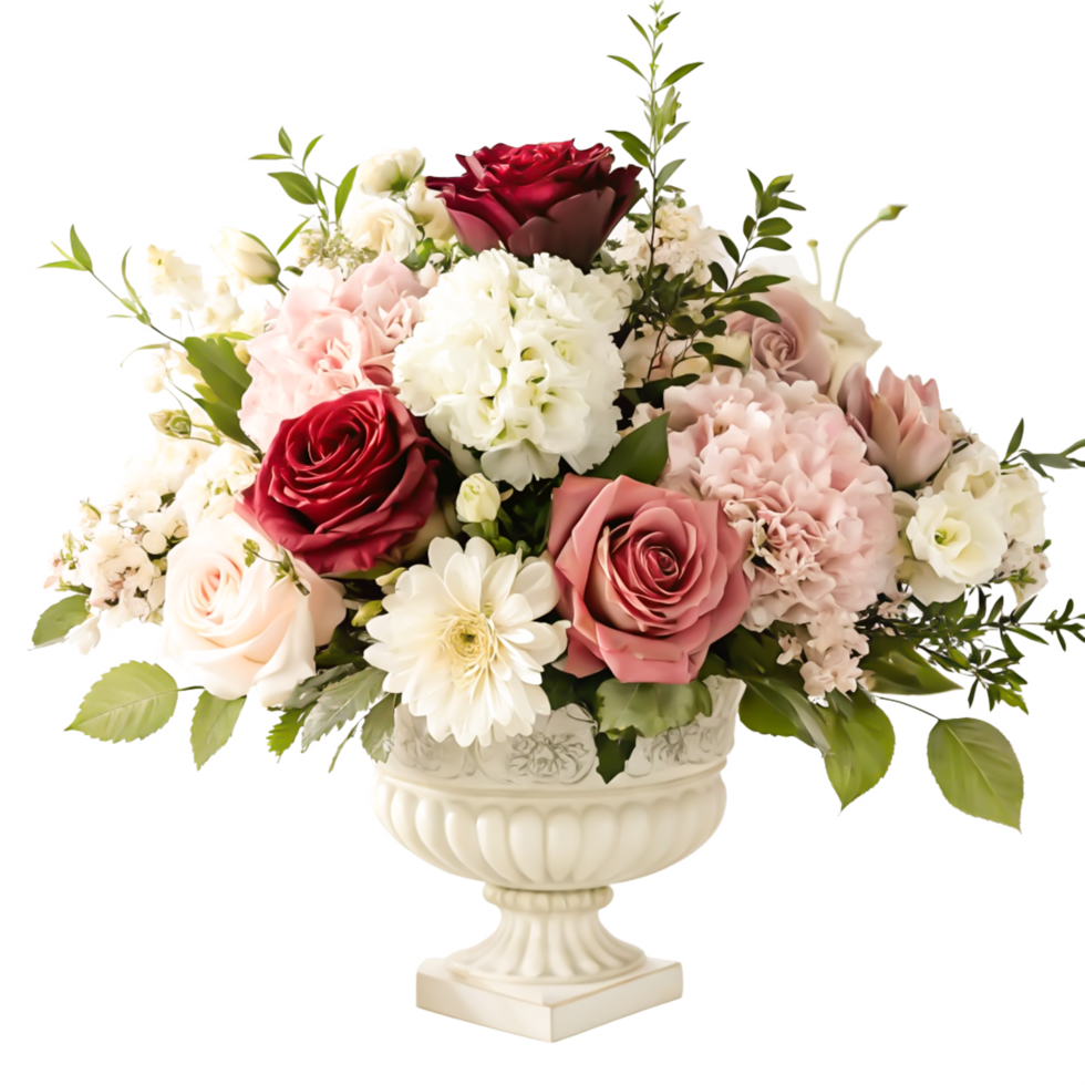 Elegant Rose and Hydrangea Flower Arrangement in Urn Vase - Wedding Bouquet png