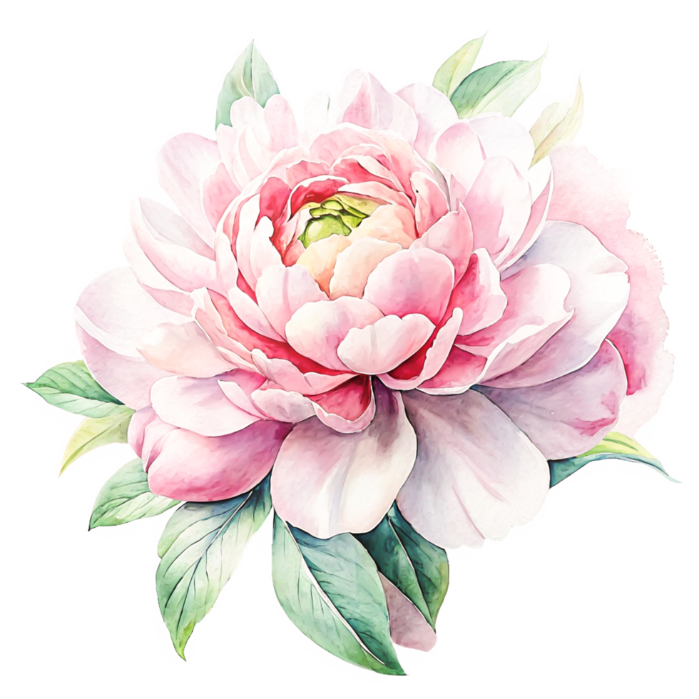 Exquisite Watercolor Pink Peony Blossom with Lush Green Leaves Isolated on White png