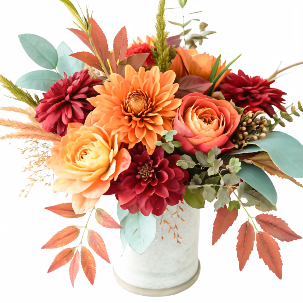 Stunning Autumn Floral Arrangement in White Vase Dahlias, Roses, and Eucalyptus png