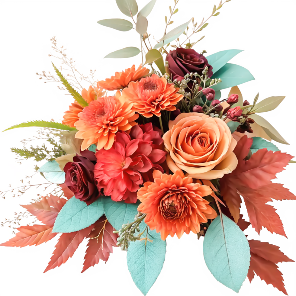 Vibrant Autumnal Floral Bouquet Roses, Dahlias, Autumn Leaves png