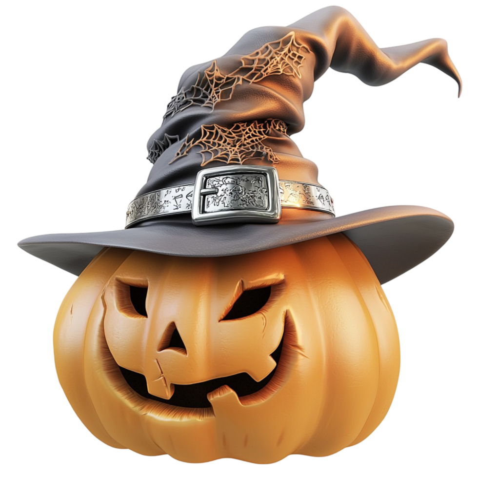 Spooky carved pumpkin wearing witch hat creepy glowing face png