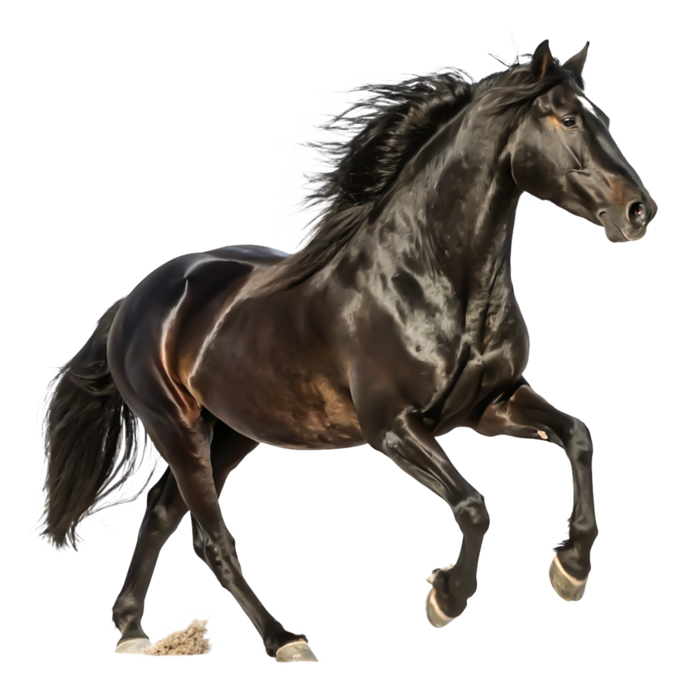 Majestic Black Stallion Running, Dynamic Horse Photography, Isolated White Background png