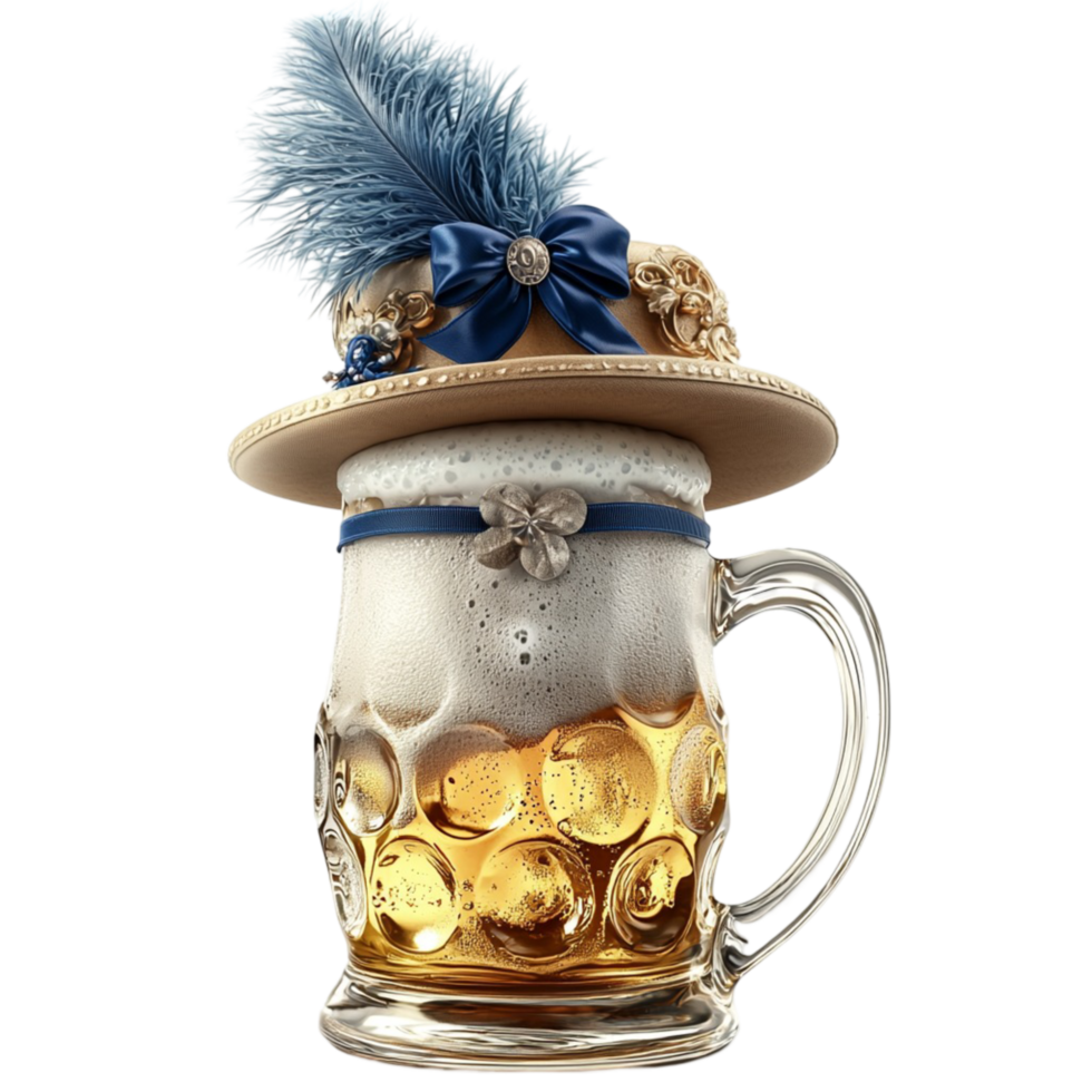 Traditional beer stein blue feathered hat frothy beverage png
