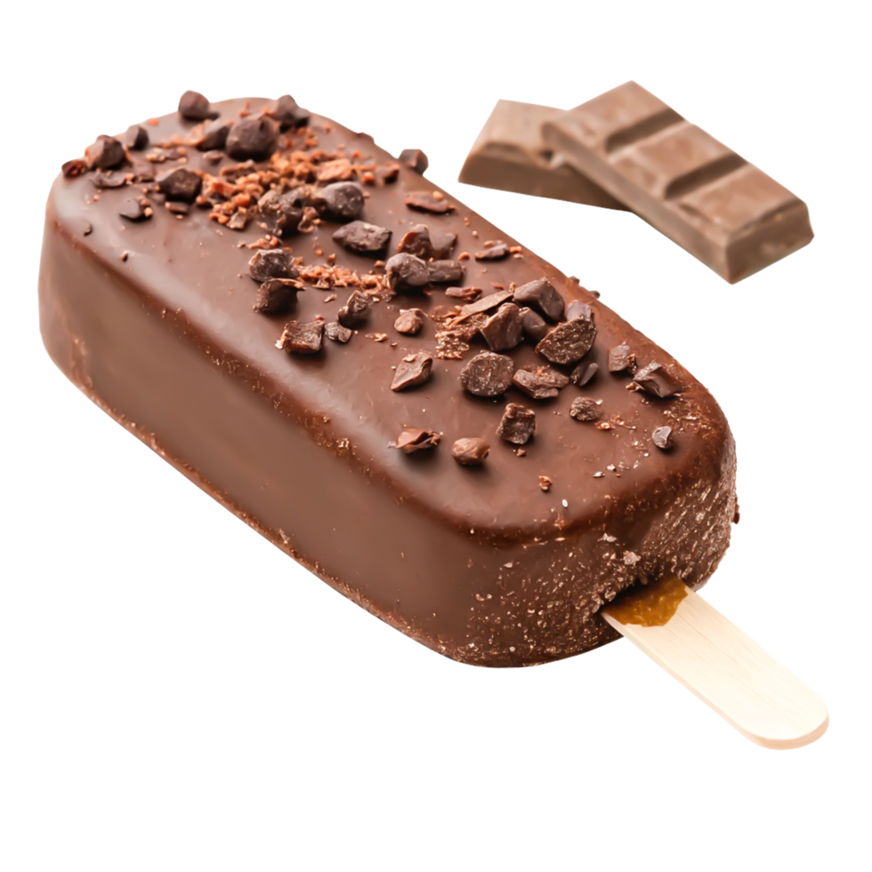 Delicious Chocolate Ice Cream Bar with Chocolate Chips on Wooden Stick png