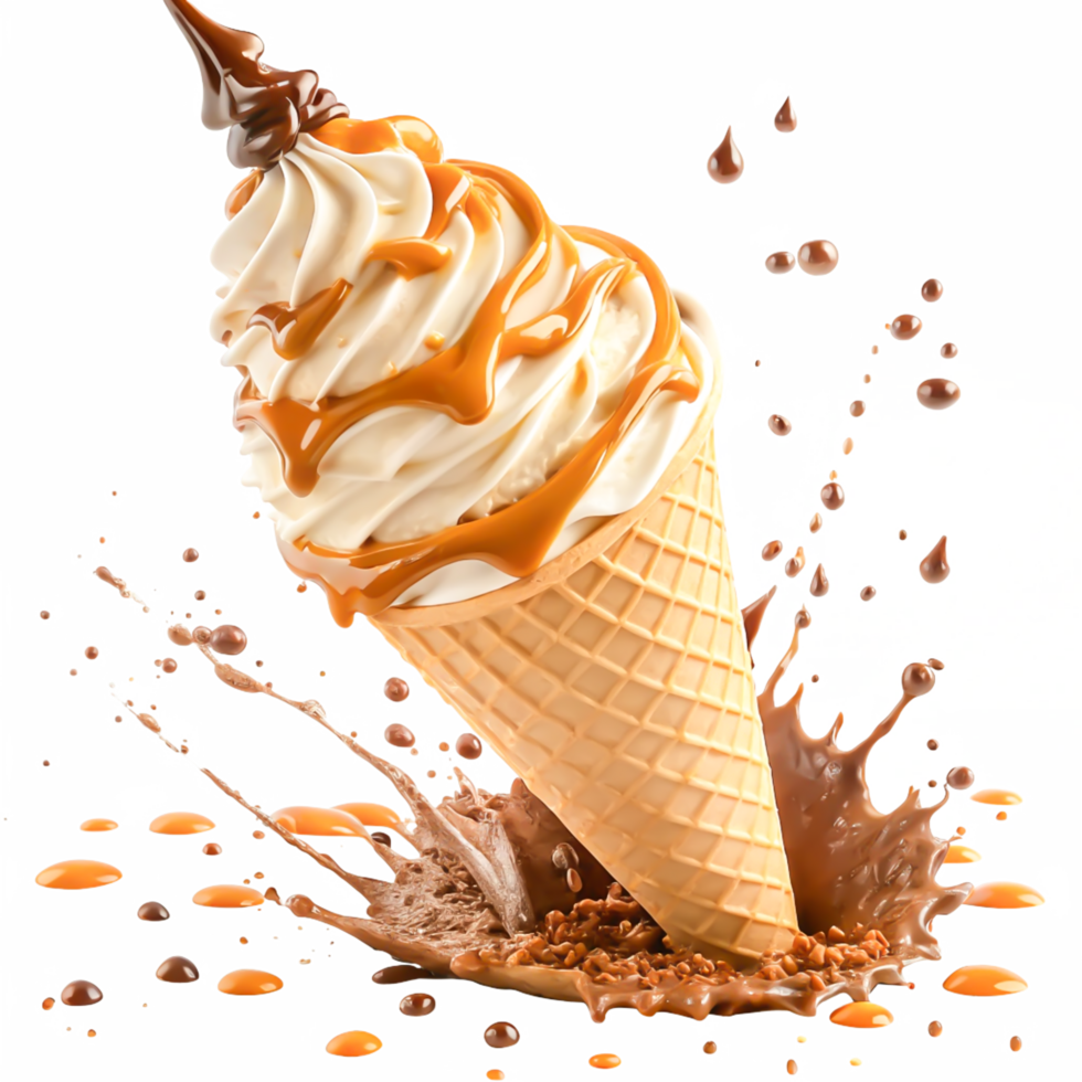 Delicious Caramel and Chocolate Ice Cream Cone Splashing - Sweet Treat png