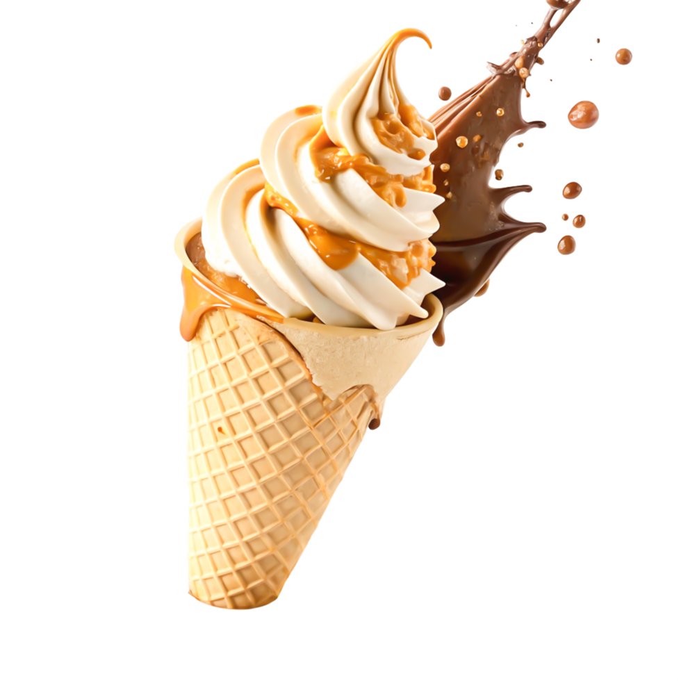 Delicious Caramel and Chocolate Ice Cream Cone with Dripping Sauce Splash png