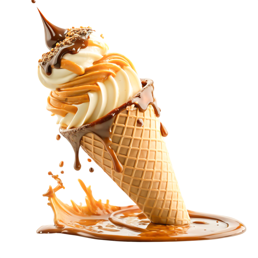 Delicious Caramel and Chocolate Ice Cream Cone with Sauce Splash png