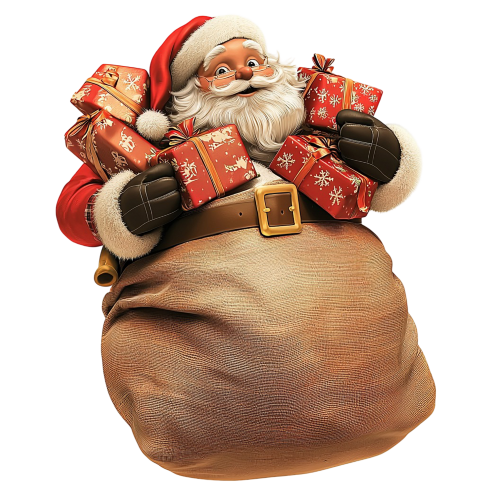 Santa Claus carrying a large sack filled beautifully wrapped gifts png
