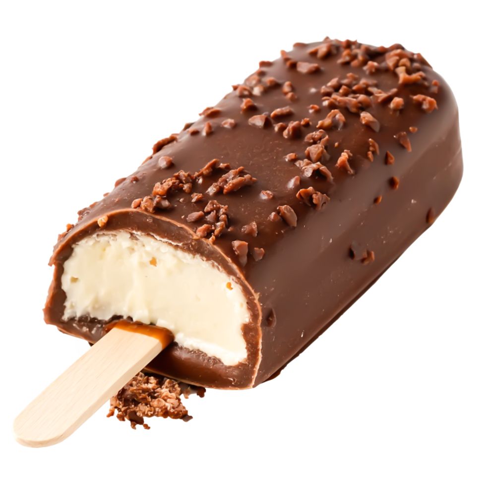 Delicious Chocolate Covered Ice Cream Bar with Crunchy Topping on Wooden Stick png