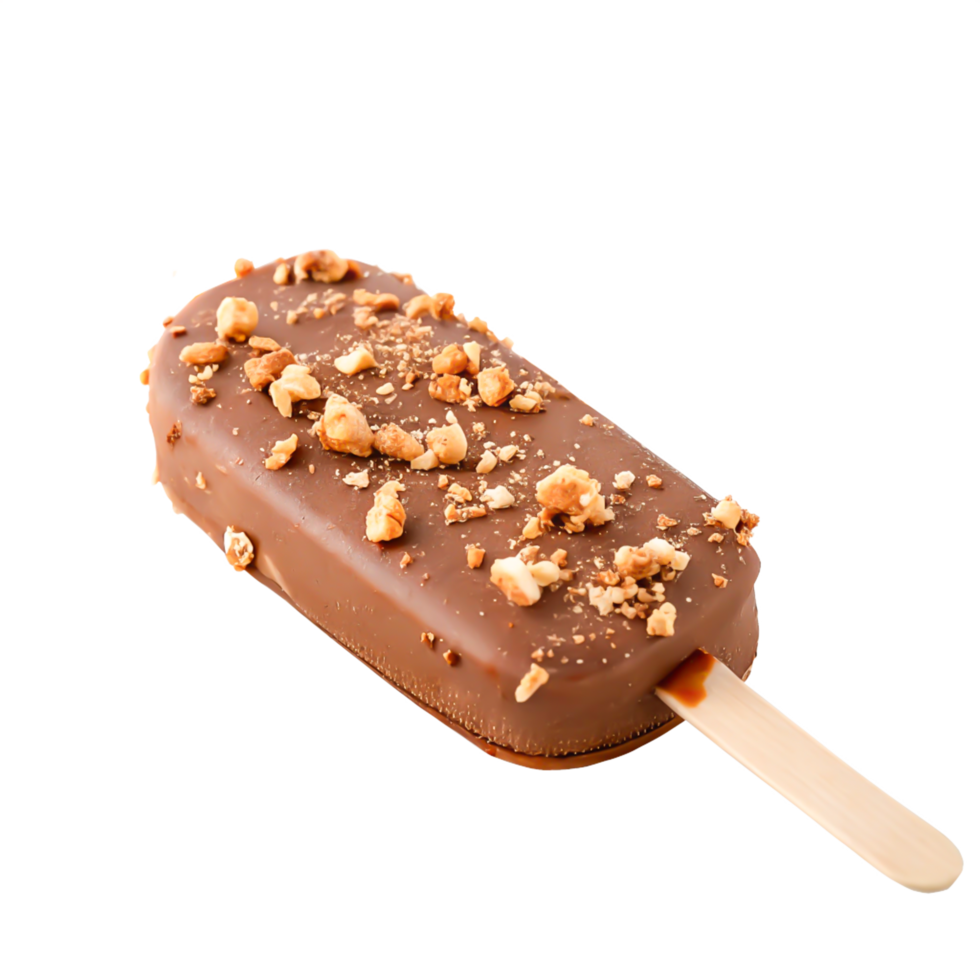 Delicious Chocolate Covered Ice Cream Bar with Nuts on Wooden Stick png