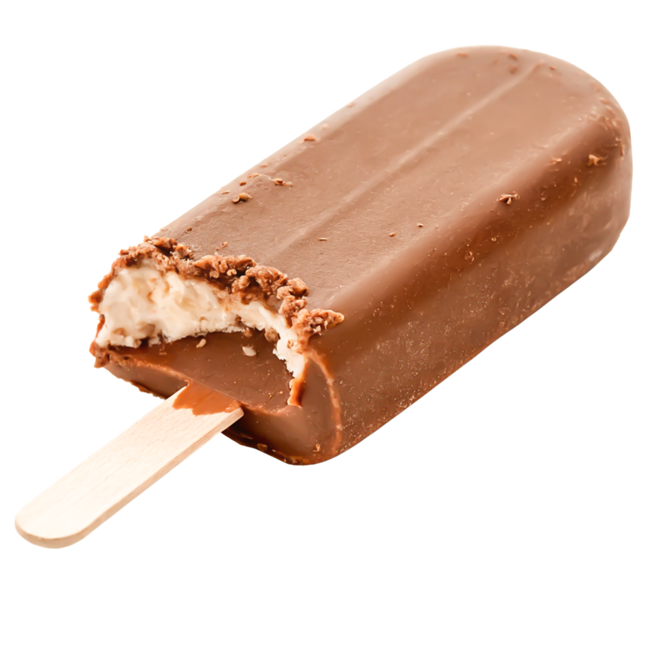 Delicious Chocolate Covered Ice Cream Bar with Nuts, Partially Eaten on Wooden Stick png