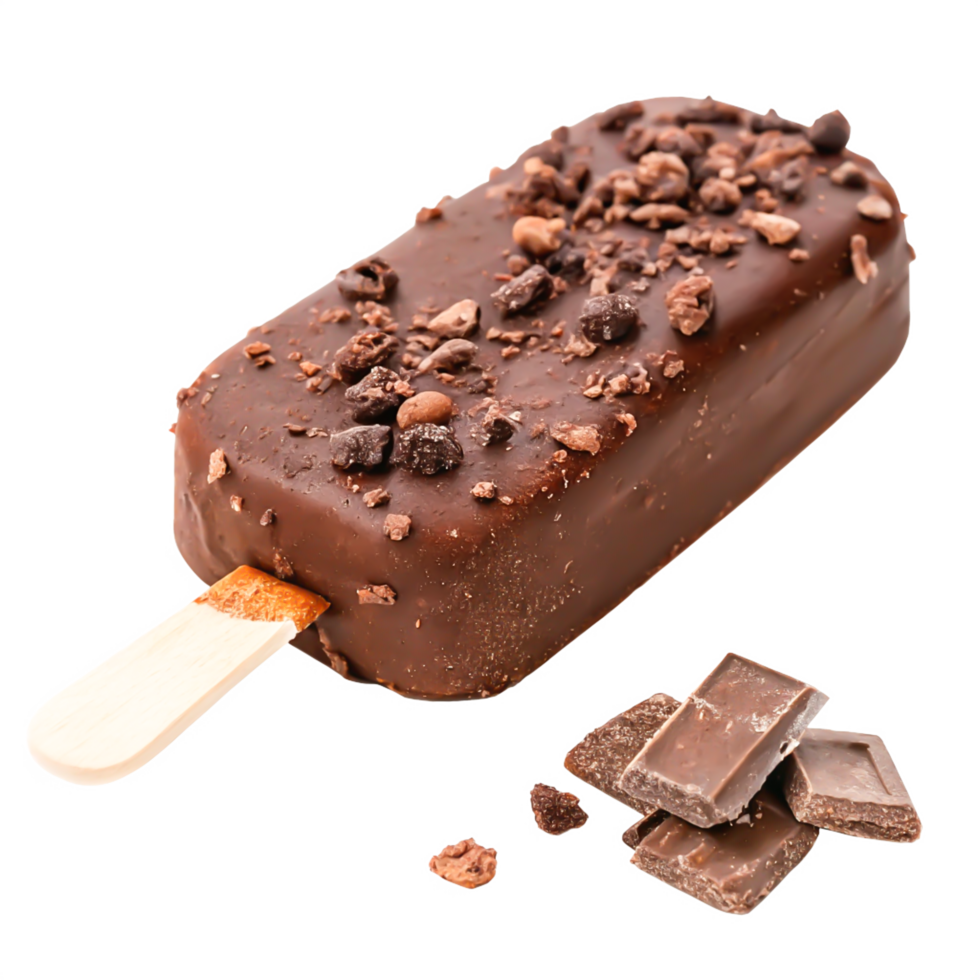 Delicious Chocolate Ice Cream Bar with Chocolate Chunks, Isolated on White Background png