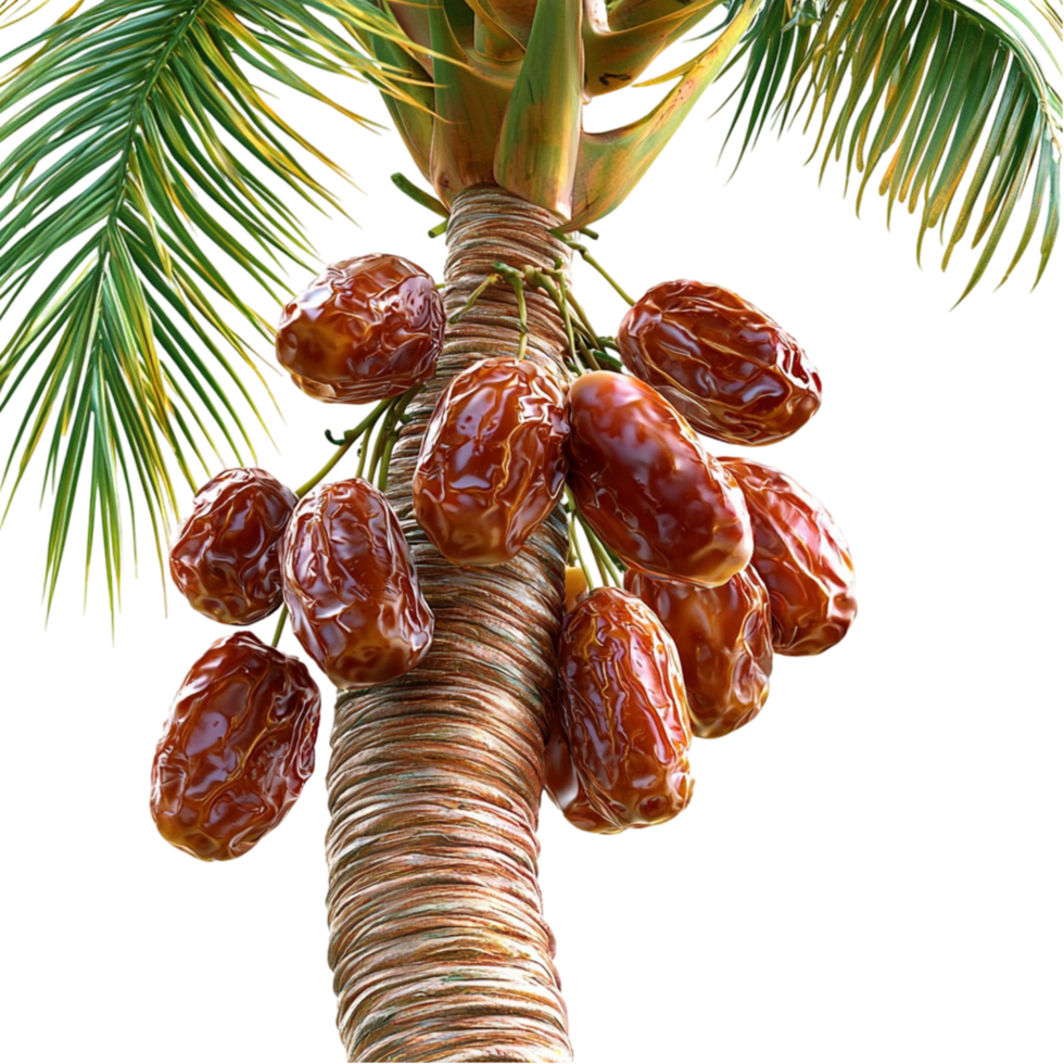 Close up of ripe dates growing on lush green palm tree png