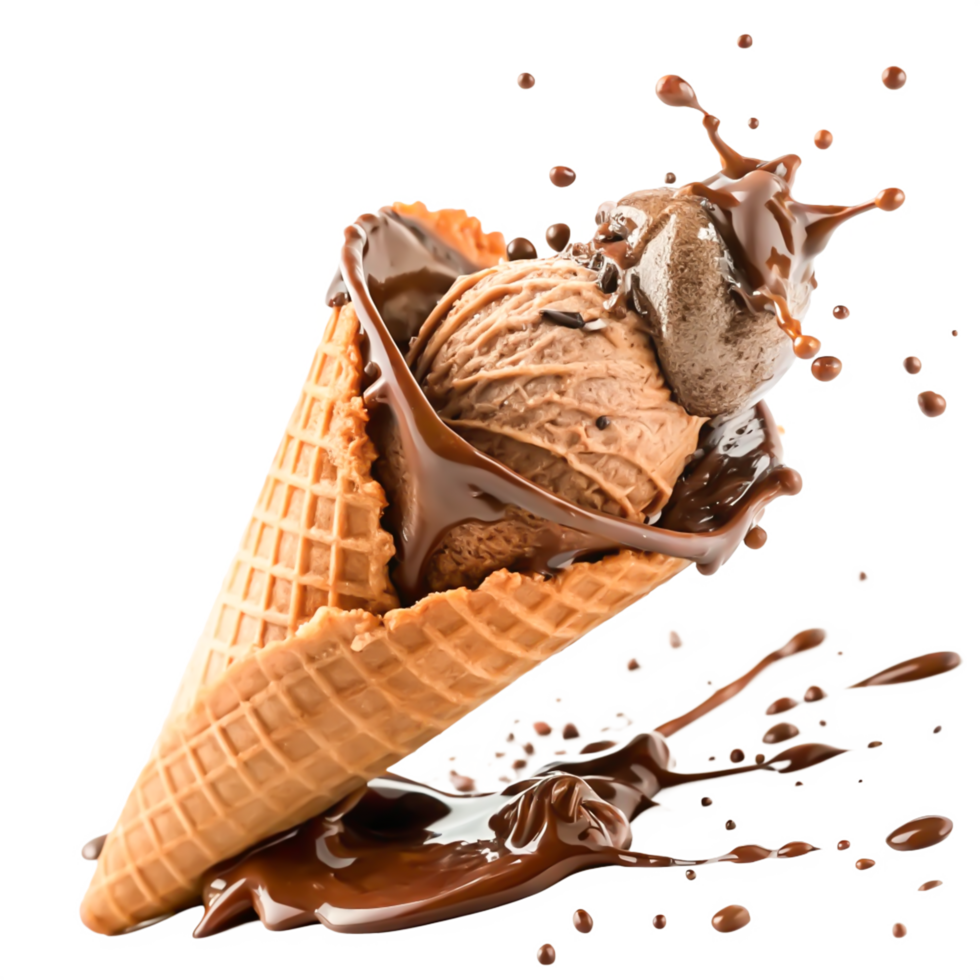 Delicious Chocolate Ice Cream Cone with Melted Chocolate Drizzle Splash png