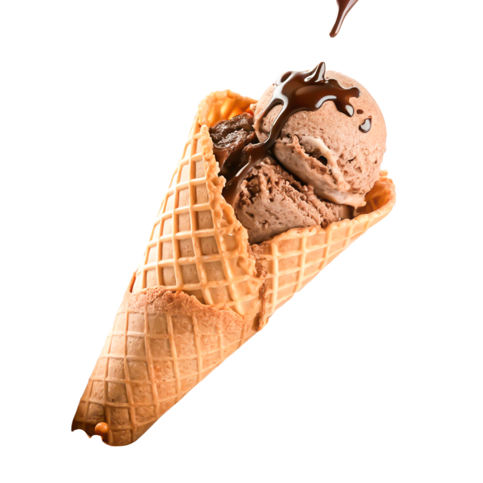 Delicious Chocolate Ice Cream Cone with Drizzled Chocolate Sauce png