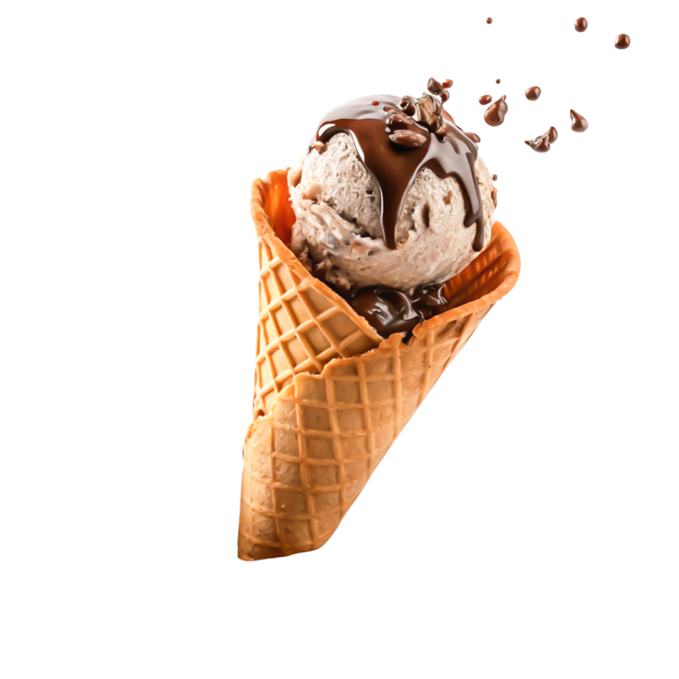 Delicious Chocolate Ice Cream Cone with Nuts and Drizzle, Food Photography png