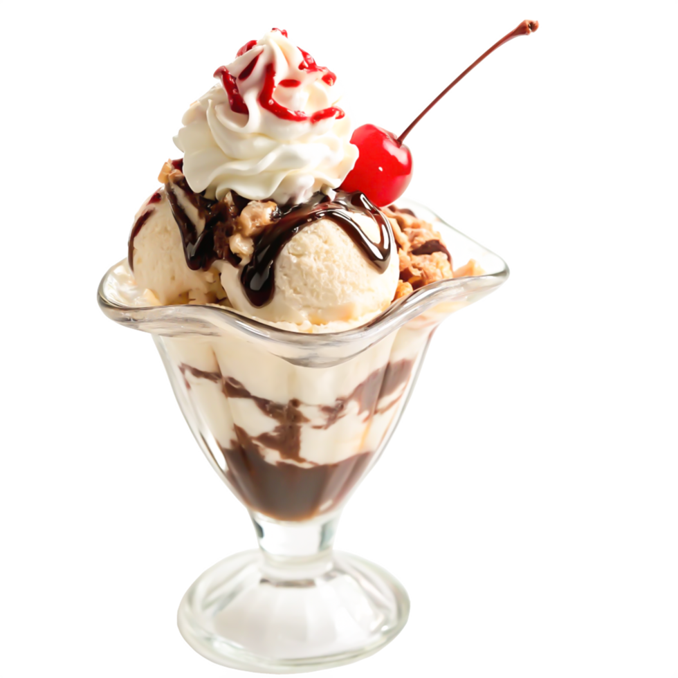 Delicious Ice Cream Sundae with Chocolate Sauce, Whipped Cream, and Cherry png