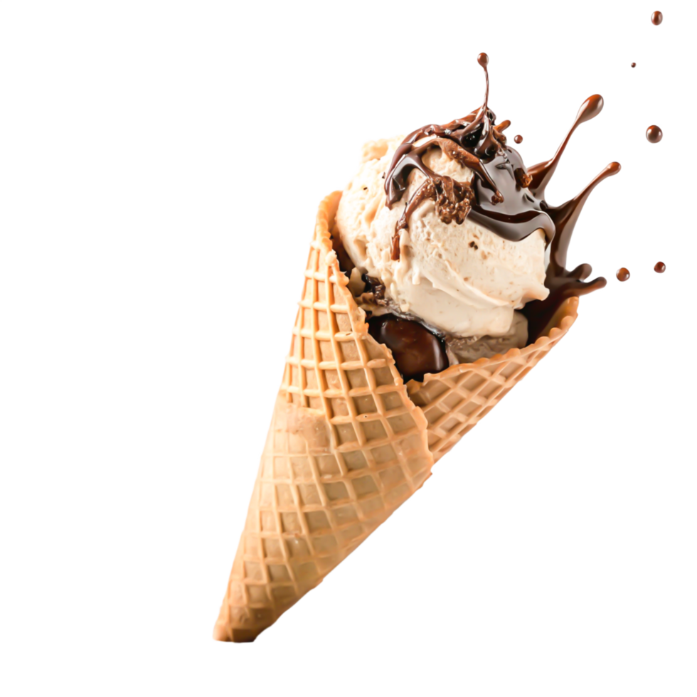 Delicious Ice Cream Cone with Chocolate Sauce Splash, Food Photography png