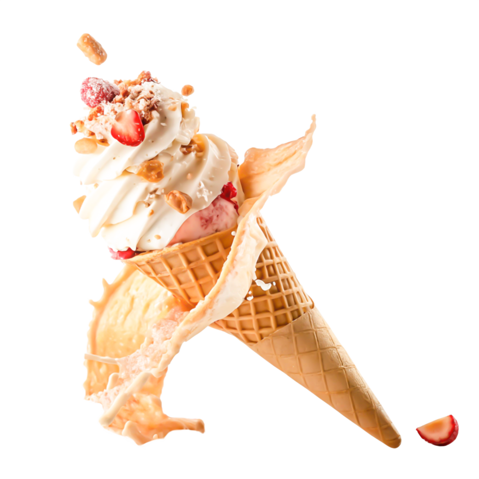Delicious Strawberry Ice Cream Cone with Nuts and Cream Splash png