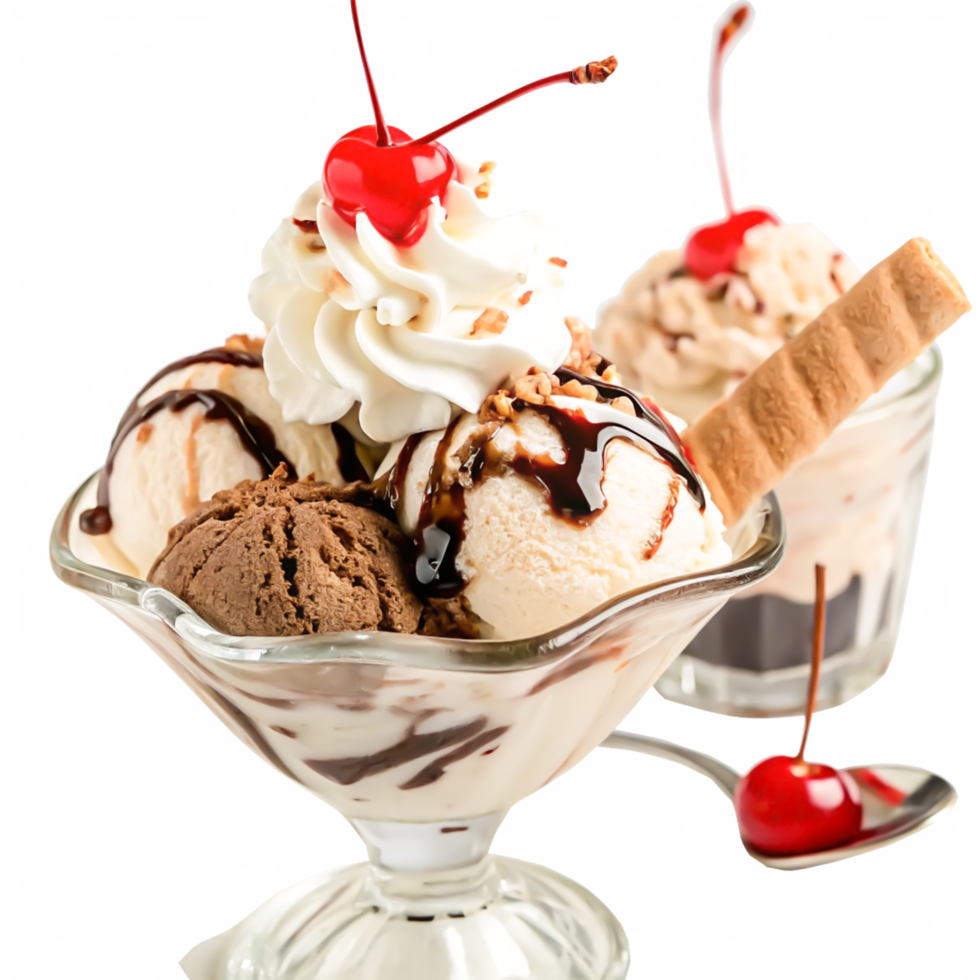 Delicious Sundae with Chocolate Ice Cream, Whipped Cream, and Cherries png