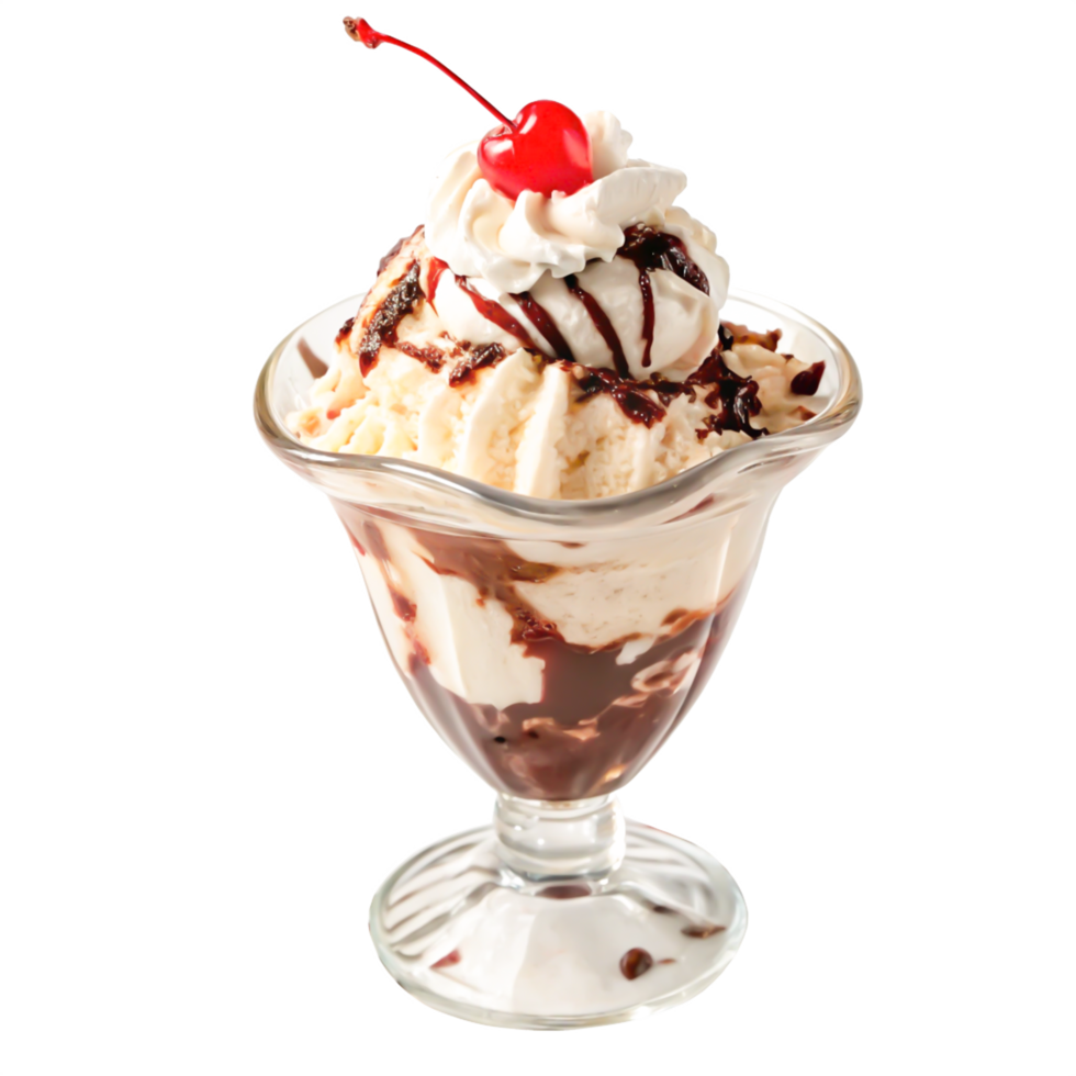 Delicious Vanilla Ice Cream Sundae with Chocolate Sauce and Cherry png