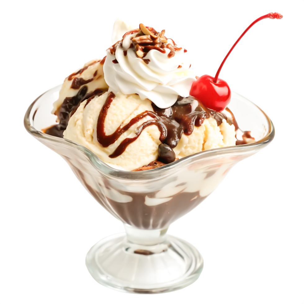 Delicious Vanilla Ice Cream Sundae with Chocolate Sauce, Whipped Cream, and Cherry png