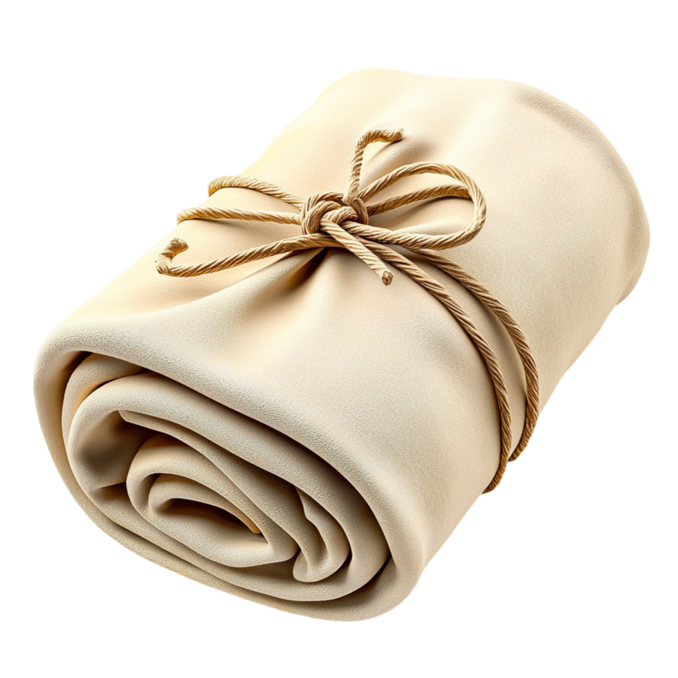 Cozy rolled beige blanket tied string soft plush fabric png