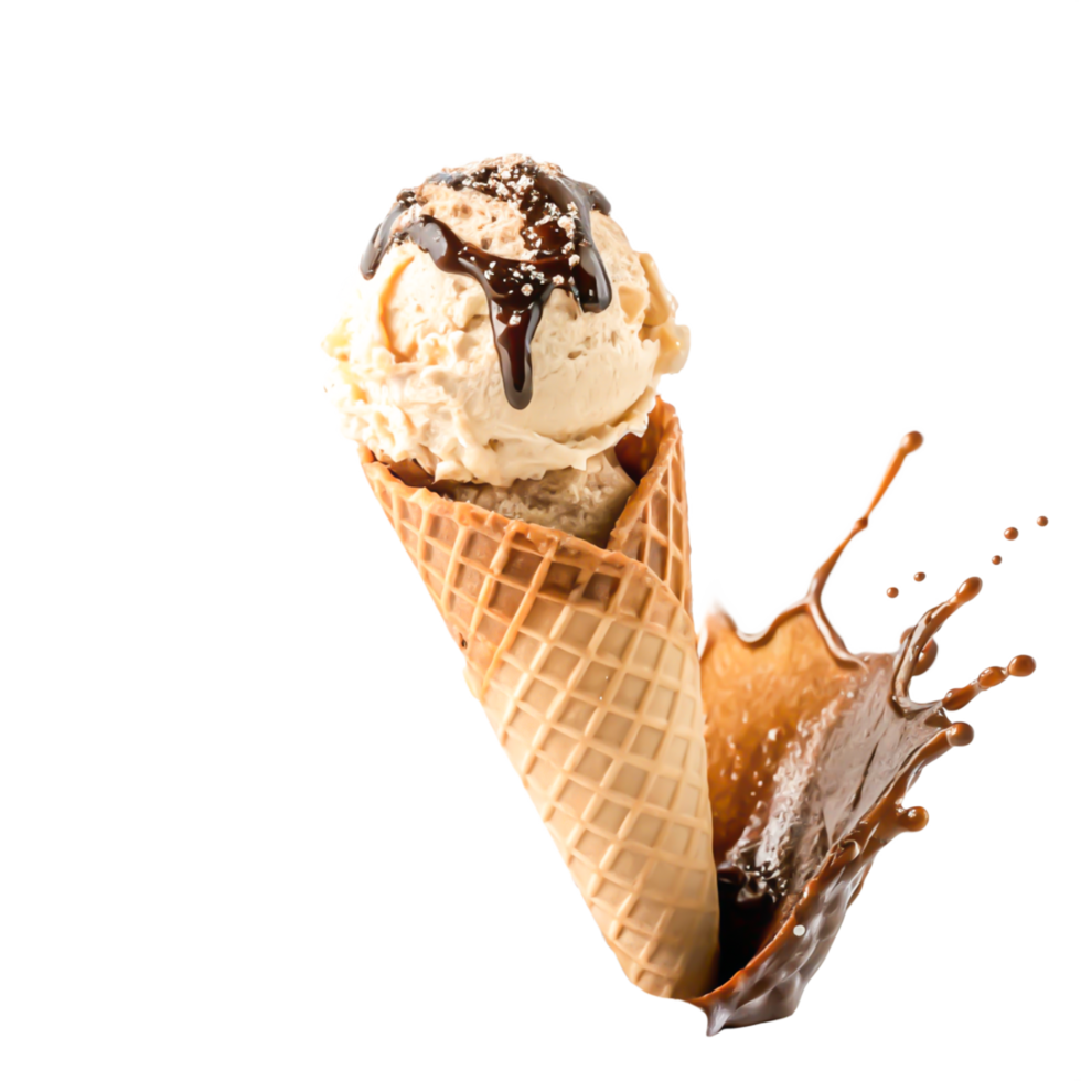 Delicious Vanilla Ice Cream Cone with Chocolate Sauce Splash png