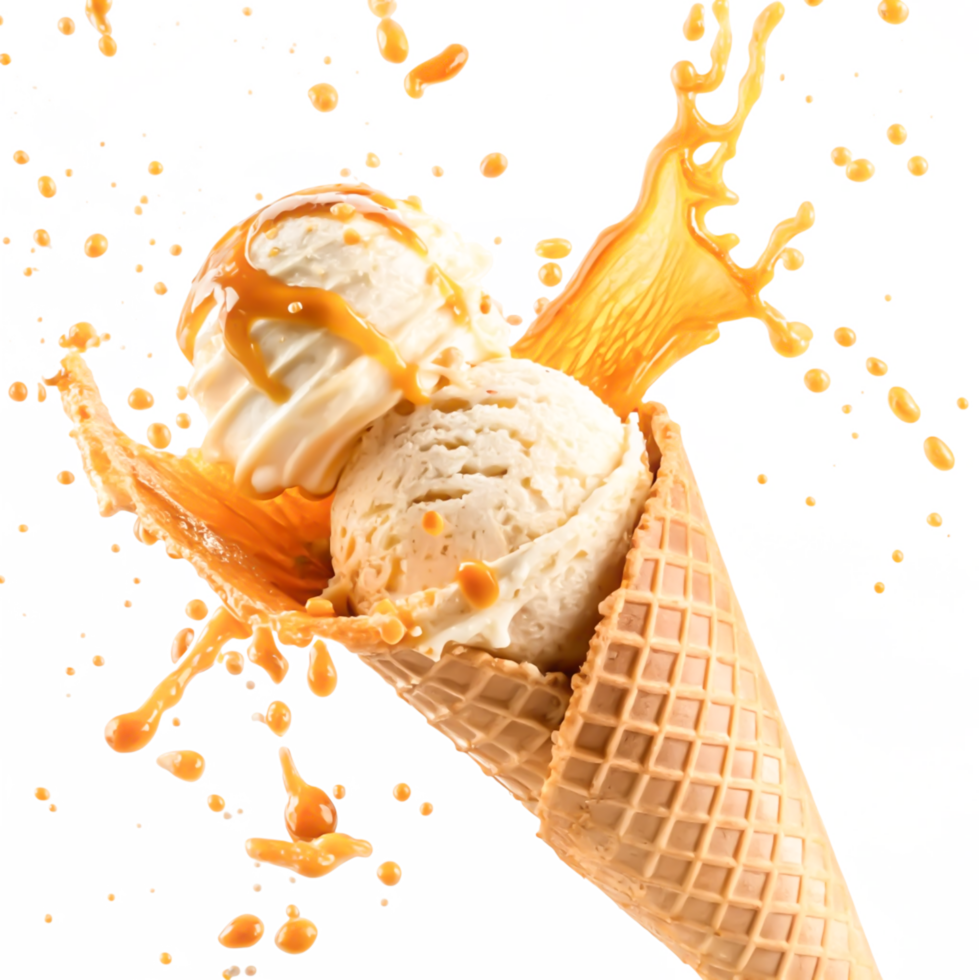 Delicious Caramel Ice Cream Cone with Splashing Sauce - Sweet Treat Photography png